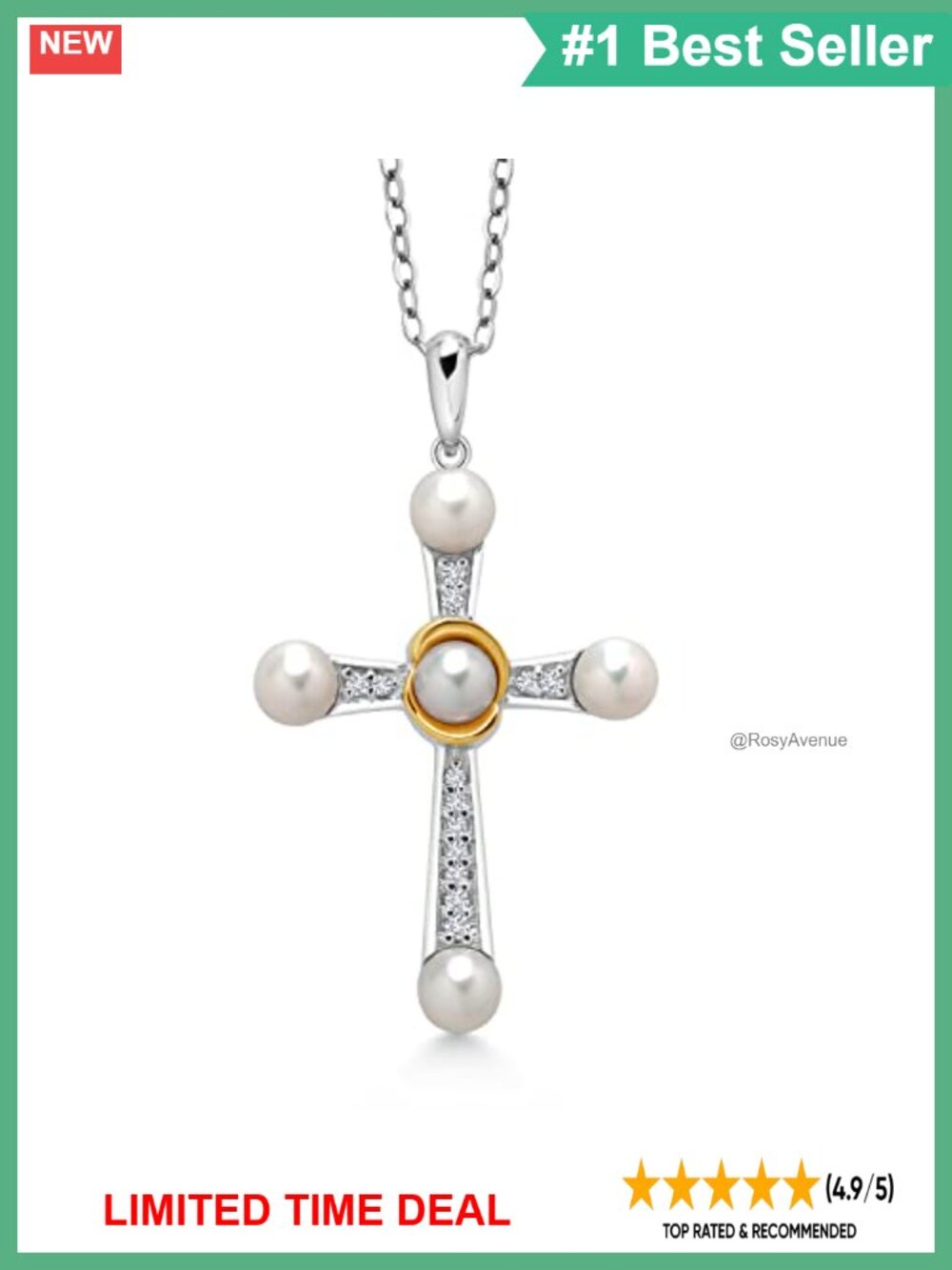 925 Silver 10K Yellow Gold Cross Pendant Necklace Cultured Pearl Lab Grown